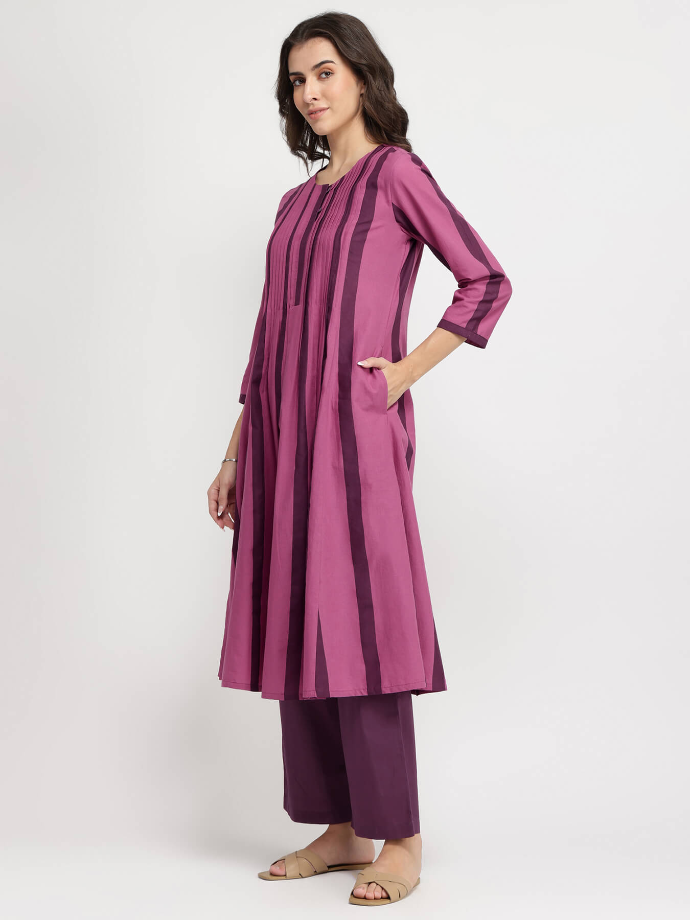 Cotton Striped A-Line Kurta Set - Purple