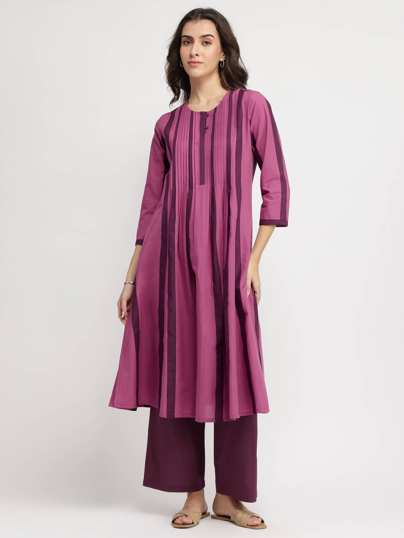 Cotton Striped A-Line Kurta Set - Purple