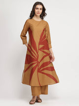 Cotton Floral A-Line Kurta Set - Rust & Beige