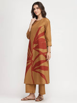 Cotton Floral A-Line Kurta Set - Rust & Beige