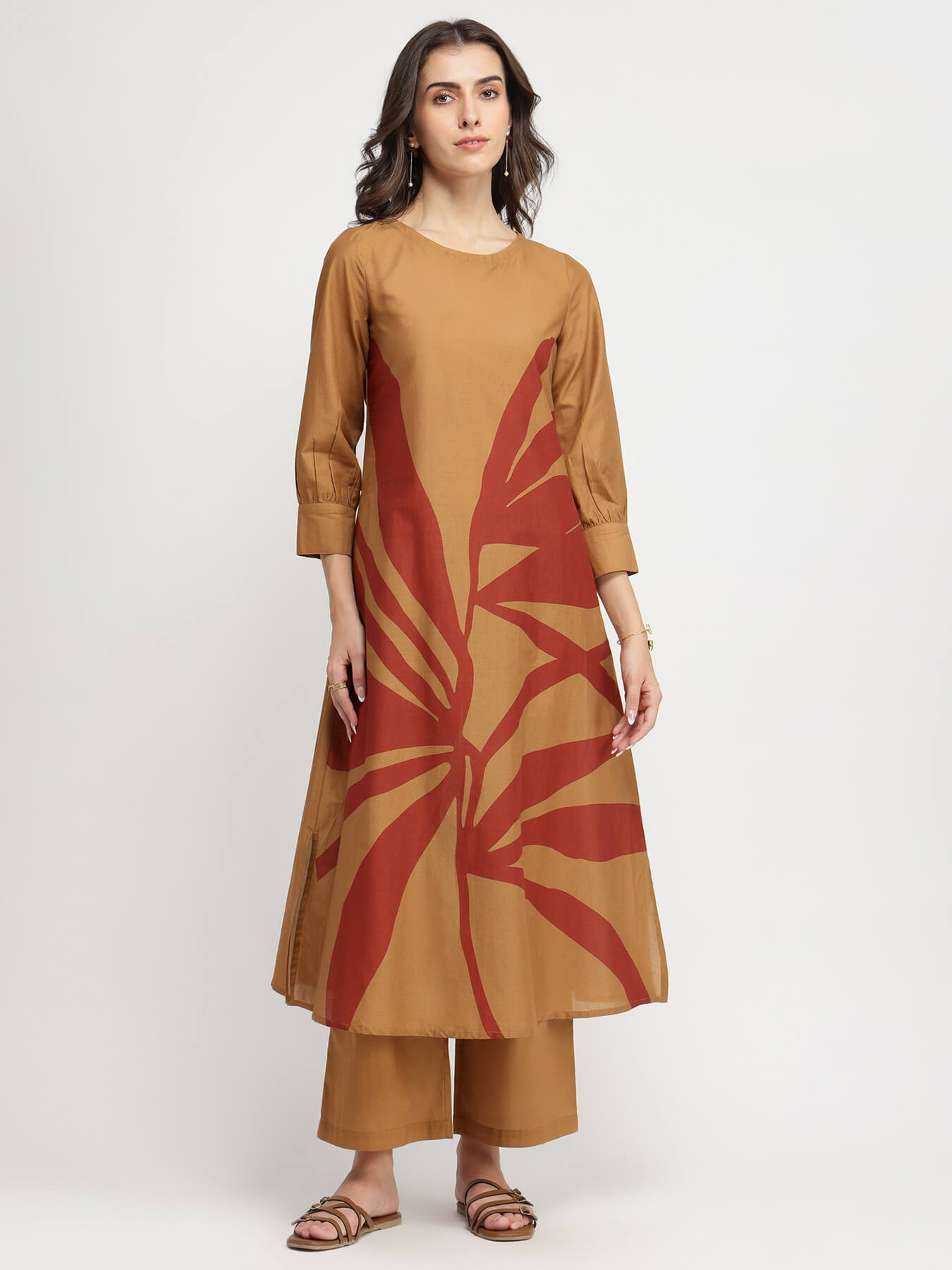 Cotton Floral A-Line Kurta Set - Rust & Beige