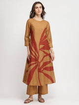 Cotton Floral A-Line Kurta Set - Rust & Beige