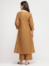 Cotton Floral A-Line Kurta Set - Rust & Beige