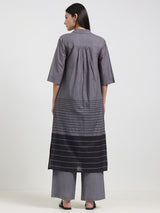 Cotton Striped Shirt Kurta Set - Grey & Black