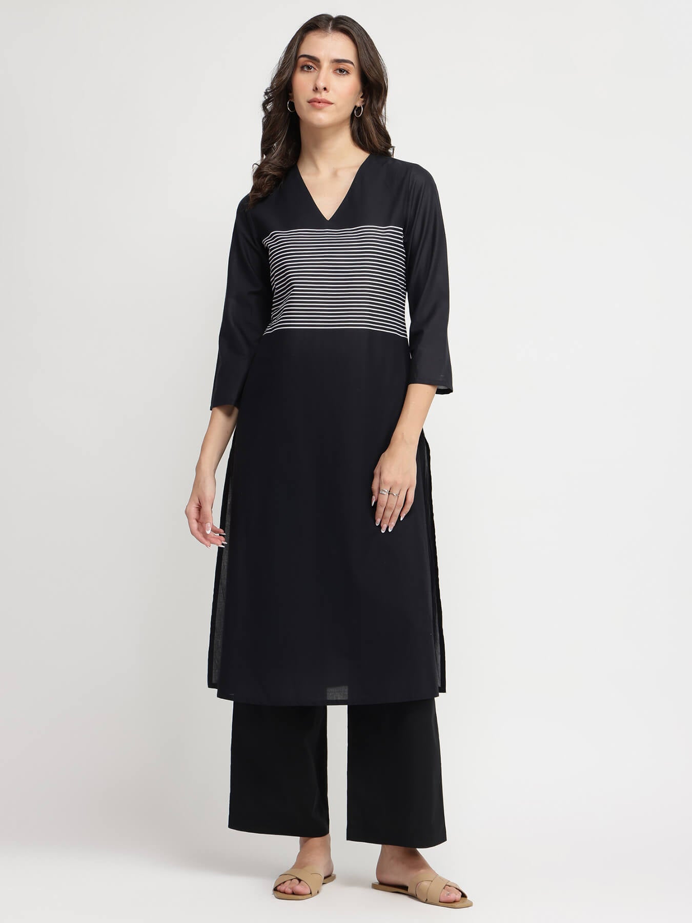 Cotton Striped A-Line Kurta Set - Black & White