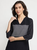 Cotton Striped A-Line Kurta Set - Black & White