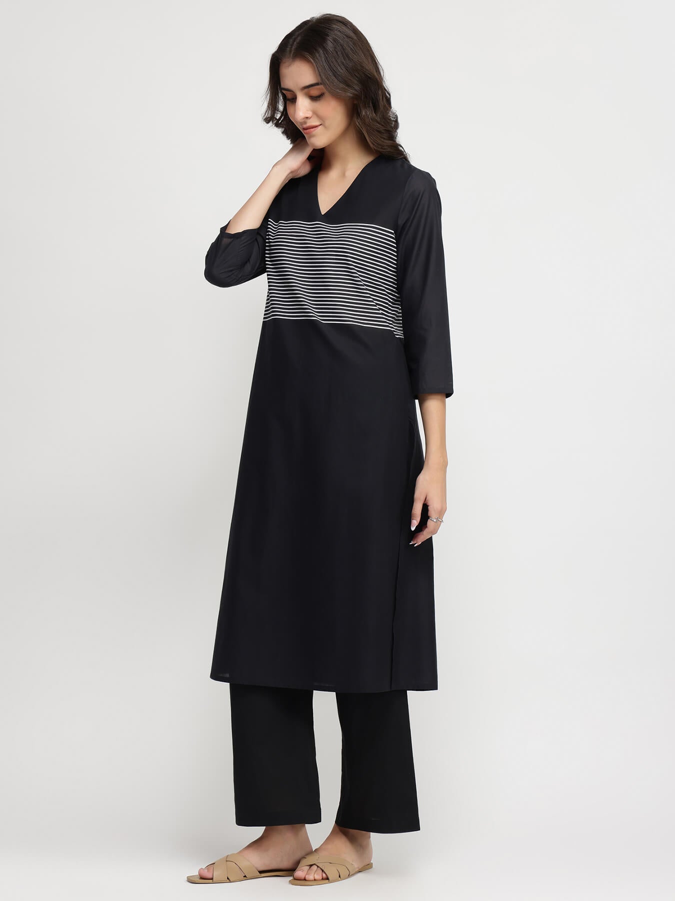 Cotton Striped A-Line Kurta Set - Black & White