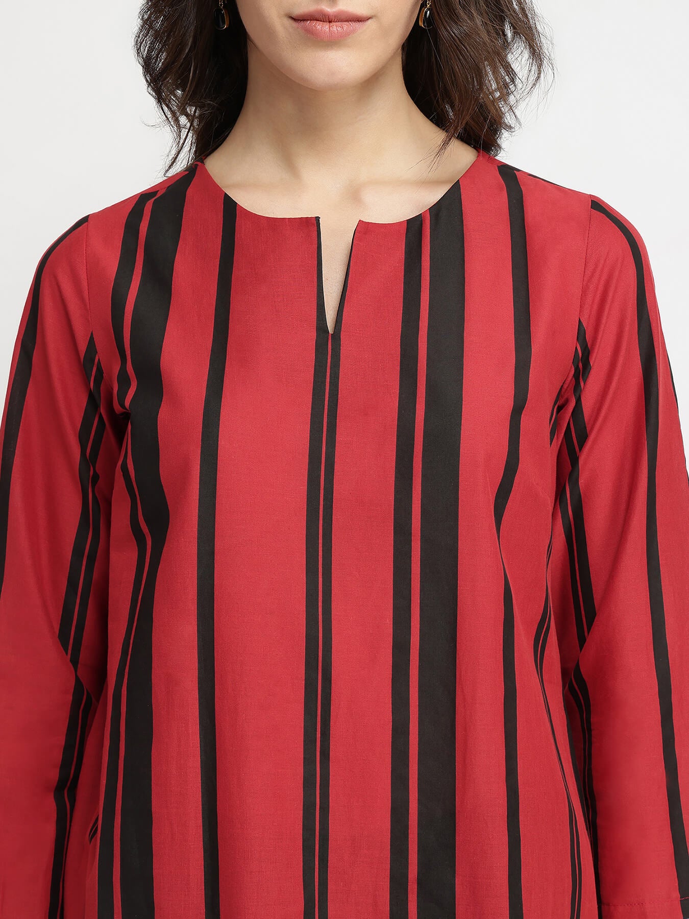 Cotton Striped Kurta Set - Red & Black
