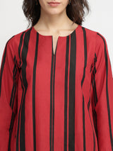 Cotton Striped Kurta Set - Red & Black