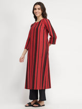 Cotton Striped Kurta Set - Red & Black