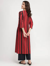 Cotton Striped Kurta Set - Red & Black