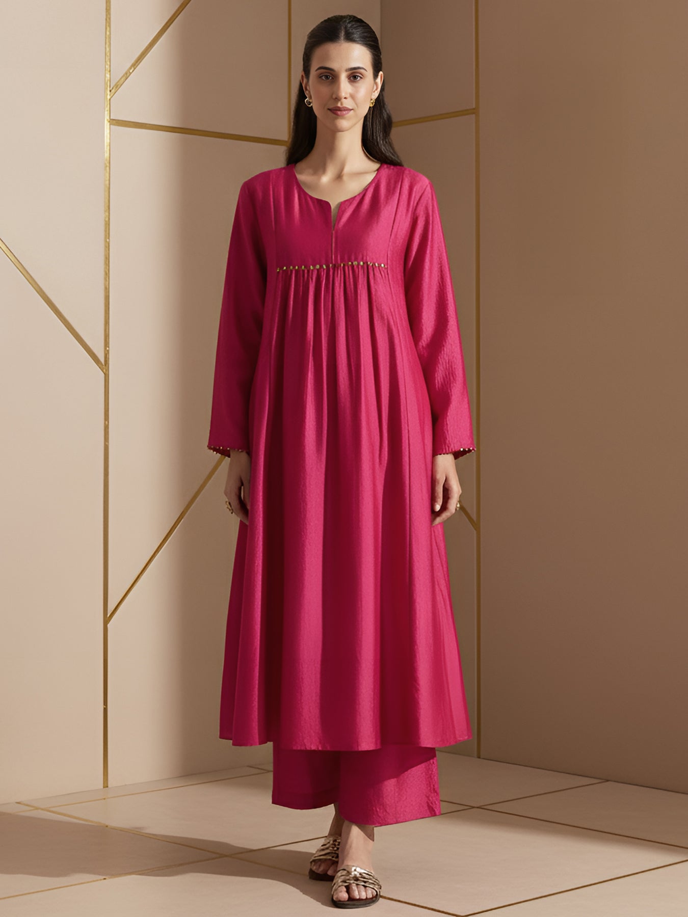 Silk Blend Solid A-Line Kurta Set - Fuchsia