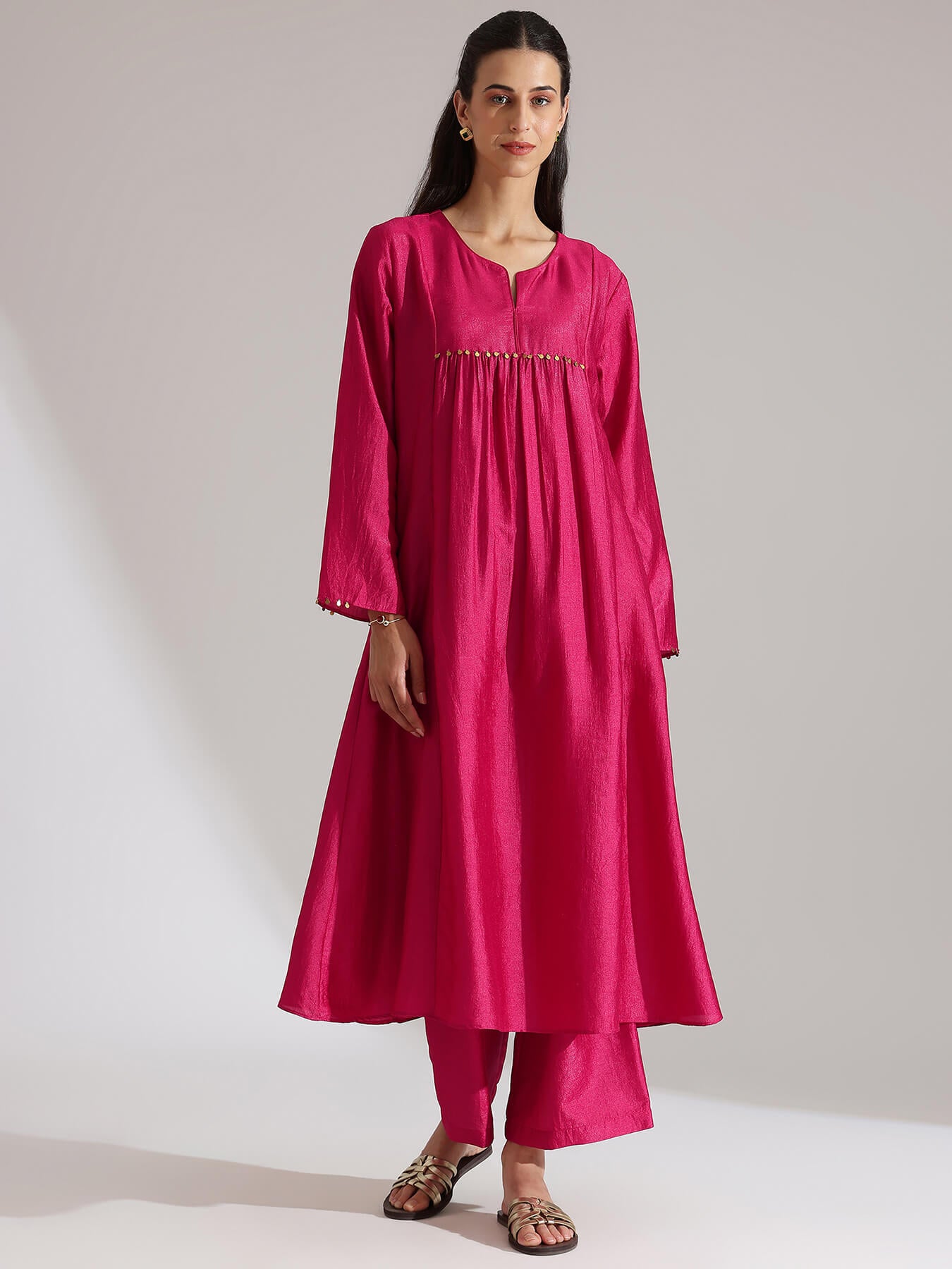 Silk Blend Solid A-Line Kurta Set - Fuchsia