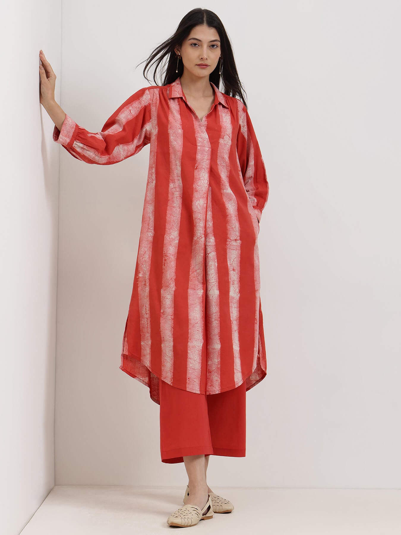 Cotton Dabu Striped Kurta Set - Red