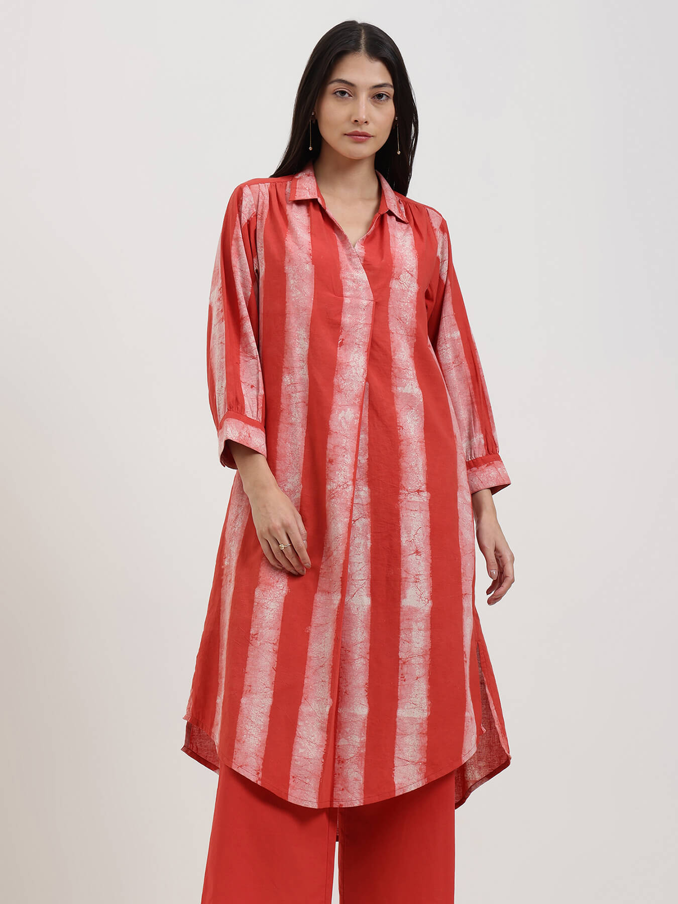 Cotton Dabu Striped Kurta Set - Red
