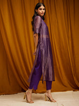 Silk Striped Straight Kurta Set - Purple