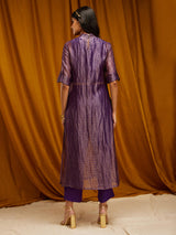 Silk Striped Straight Kurta Set - Purple