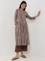 Cotton Dabu Striped A-Line Kurta Set - Brown