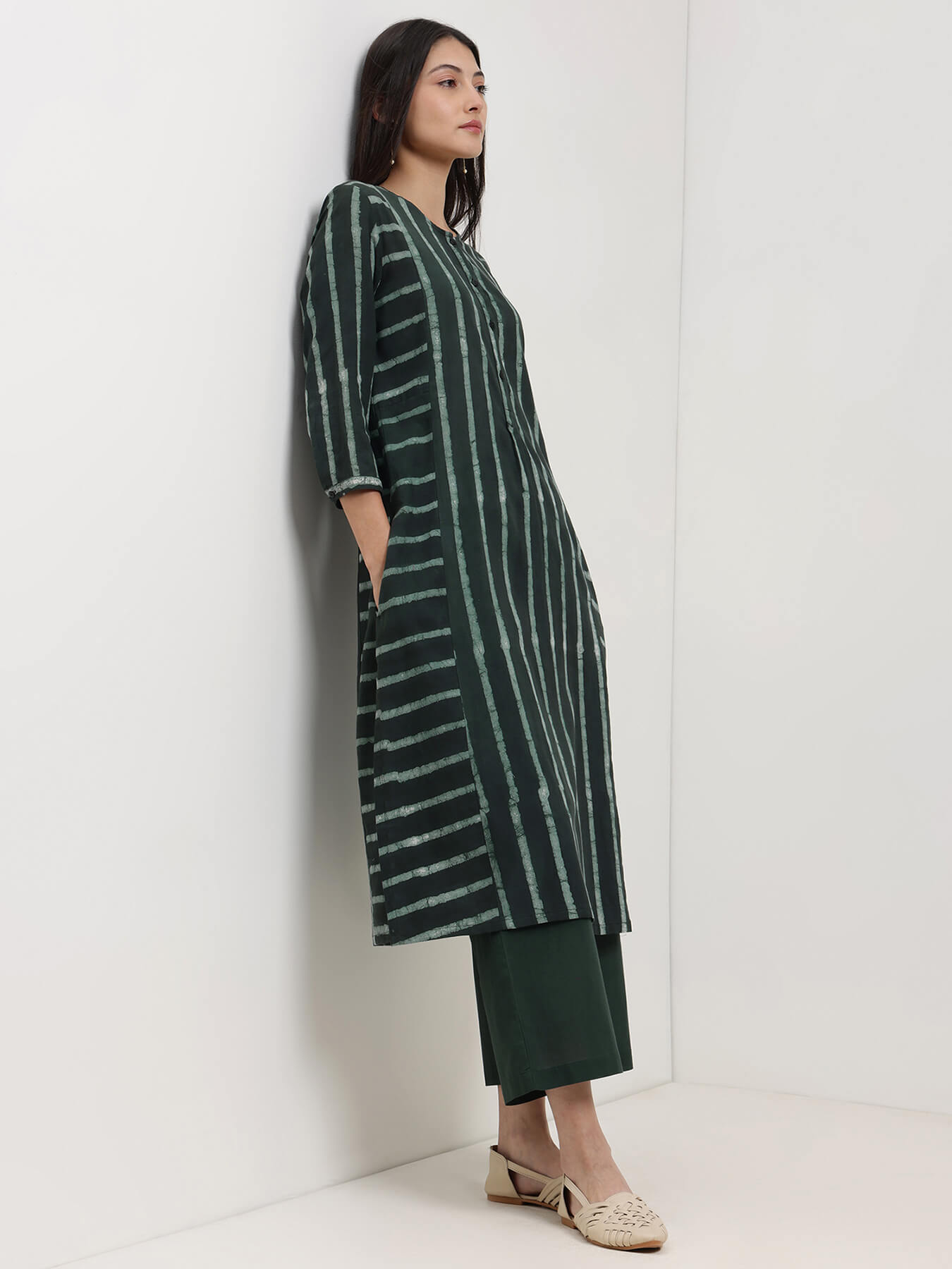 Cotton Dabu Stripe Play Kurta Set - Black