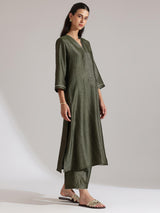 Silk Blend Solid A-Line Kurta Set - Olive