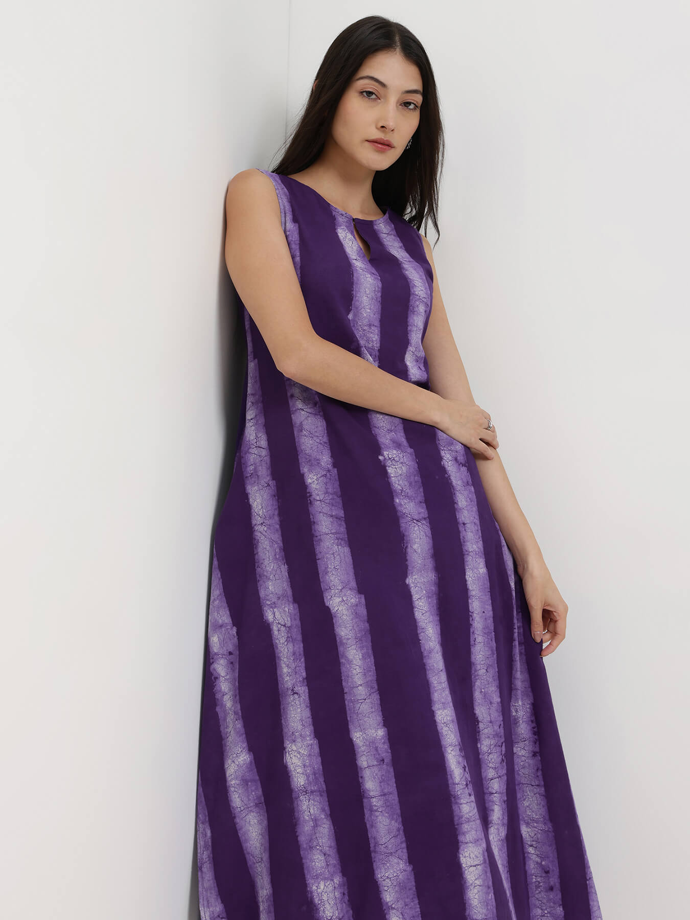 Cotton Dabu Striped Asymmetric Kurta Set - Purple