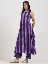 Cotton Dabu Striped Asymmetric Kurta Set - Purple