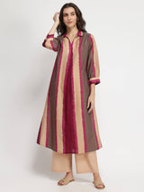 Cotton Striped Kurta Set - Beige & Burgundy