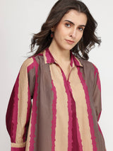 Cotton Striped Kurta Set - Beige & Burgundy