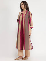 Cotton Striped Kurta Set - Beige & Burgundy