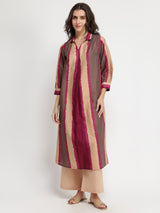Cotton Striped Kurta Set - Beige & Burgundy