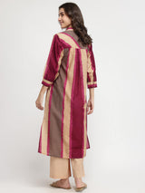 Cotton Striped Kurta Set - Beige & Burgundy