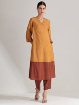 Silk Colourblock Wrap Kurta Set - Mustard & Brown