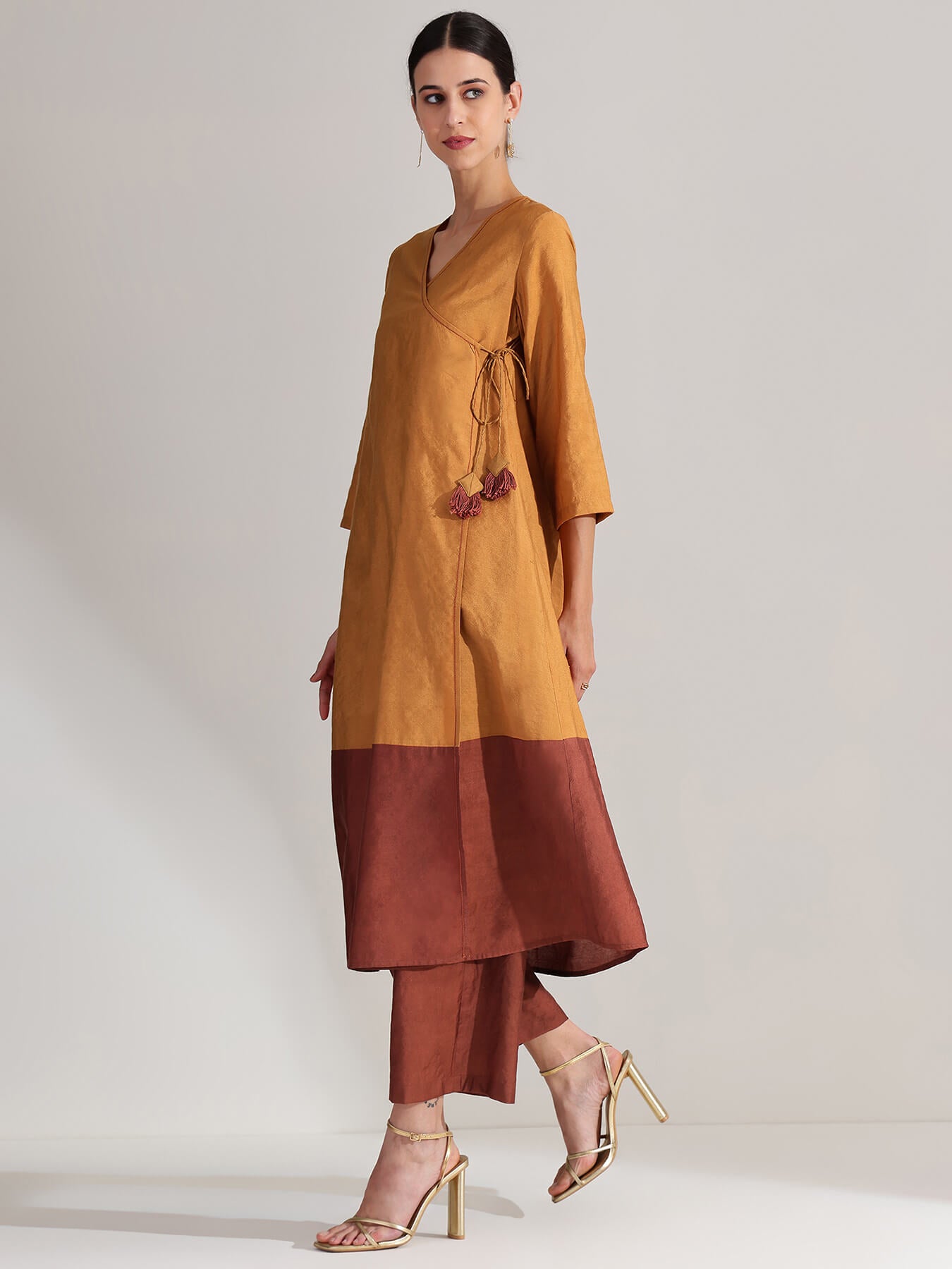 Silk Colourblock Wrap Kurta Set - Mustard & Brown