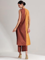 Viscose Silk Colourblock Kurta Set - Mustard & Brown