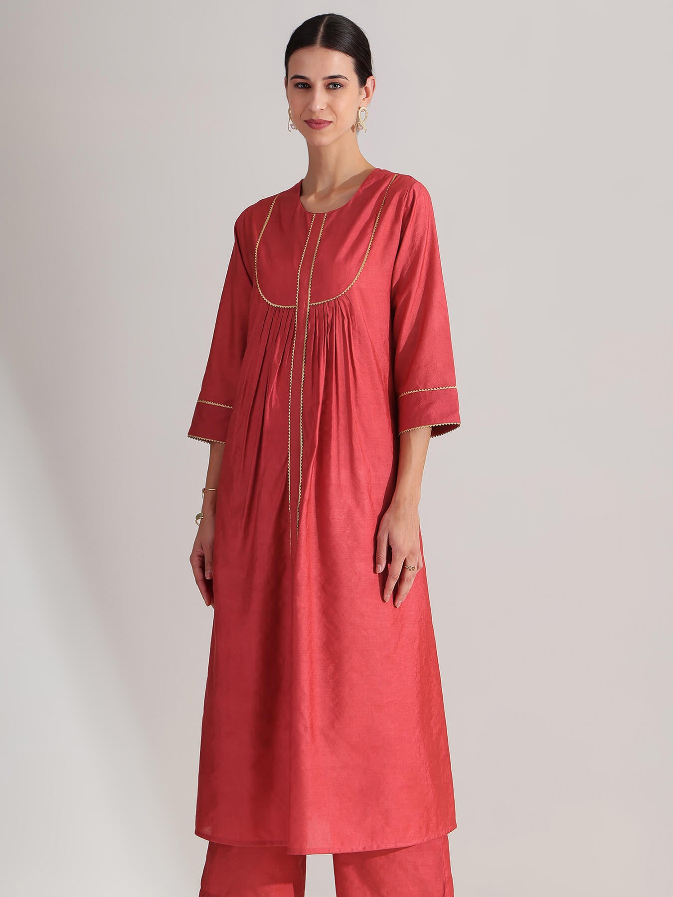 Silk Solid A-Line Kurta Set - Red