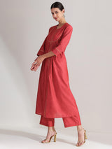 Silk Solid A-Line Kurta Set - Red