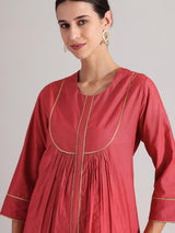 Silk Solid A-Line Kurta Set - Red