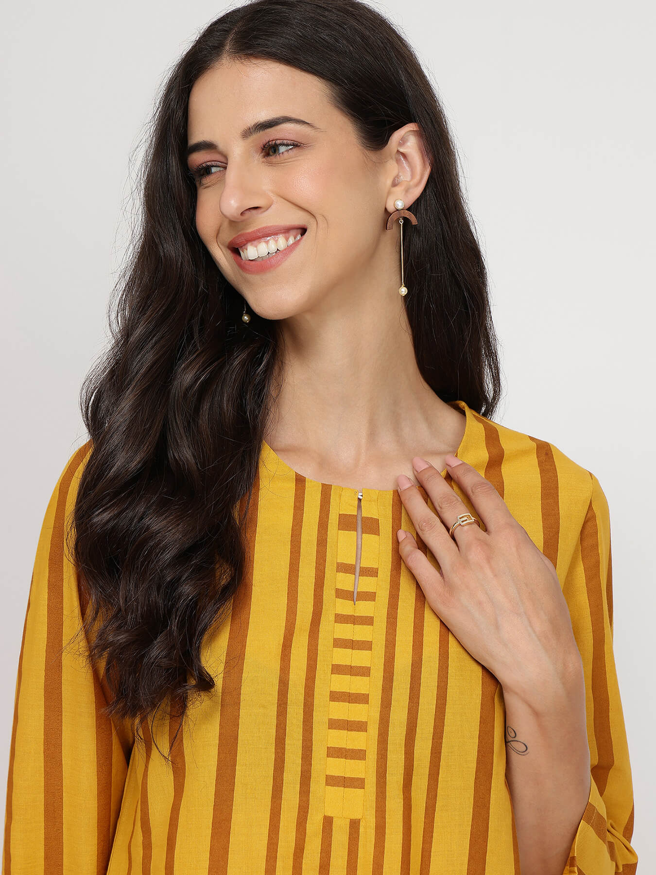 Cotton Striped Straight Kurta Set - Yellow