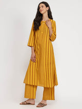 Cotton Striped Straight Kurta Set - Yellow
