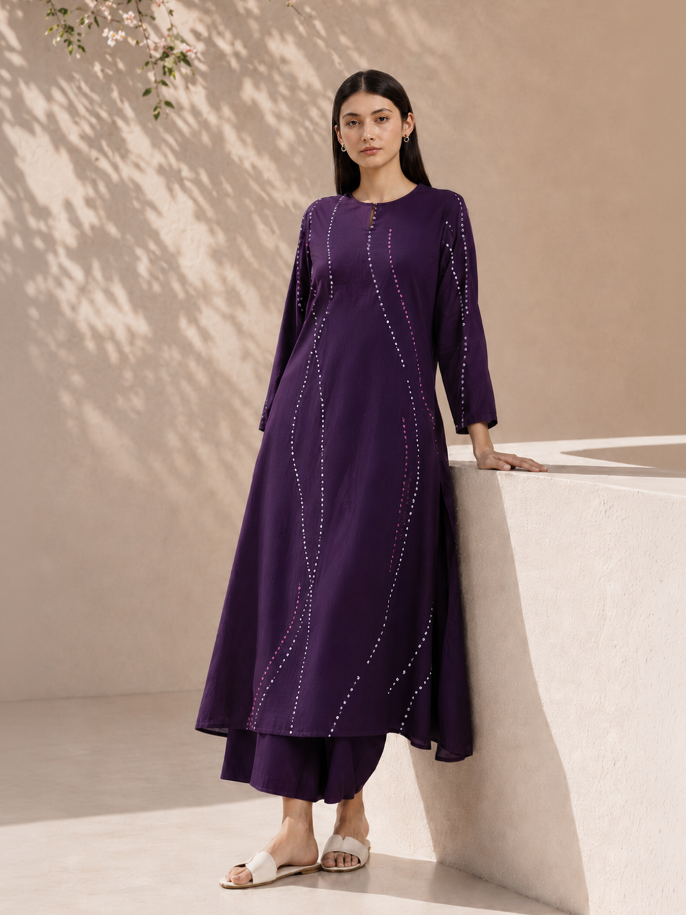 Cotton Bandhani Asymmetric Kurta Set - Purple