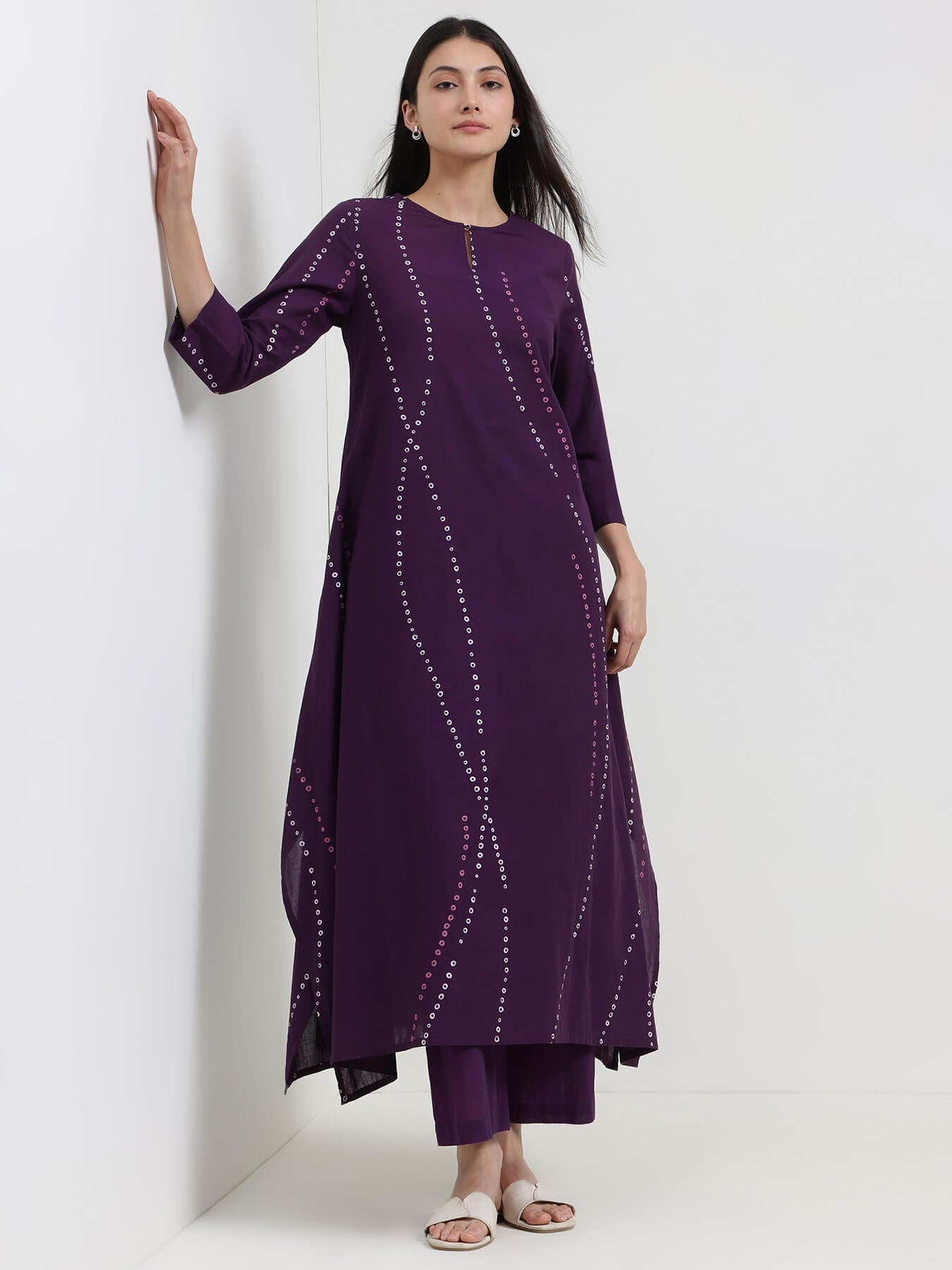 Cotton Bandhani Asymmetric Kurta Set - Purple
