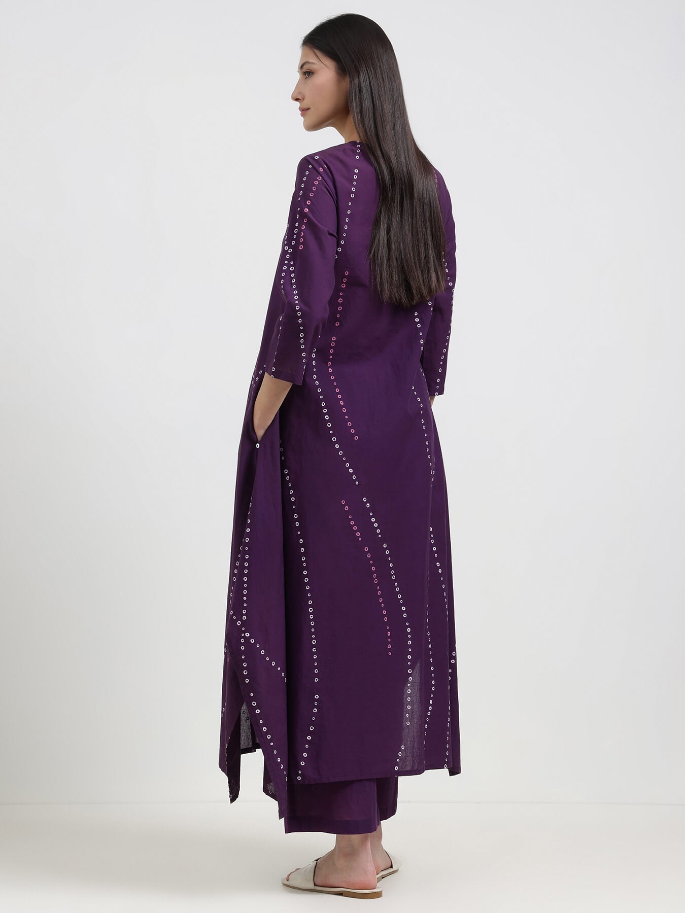 Cotton Bandhani Asymmetric Kurta Set - Purple