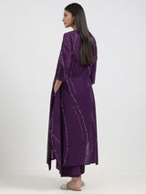 Cotton Bandhani Asymmetric Kurta Set - Purple