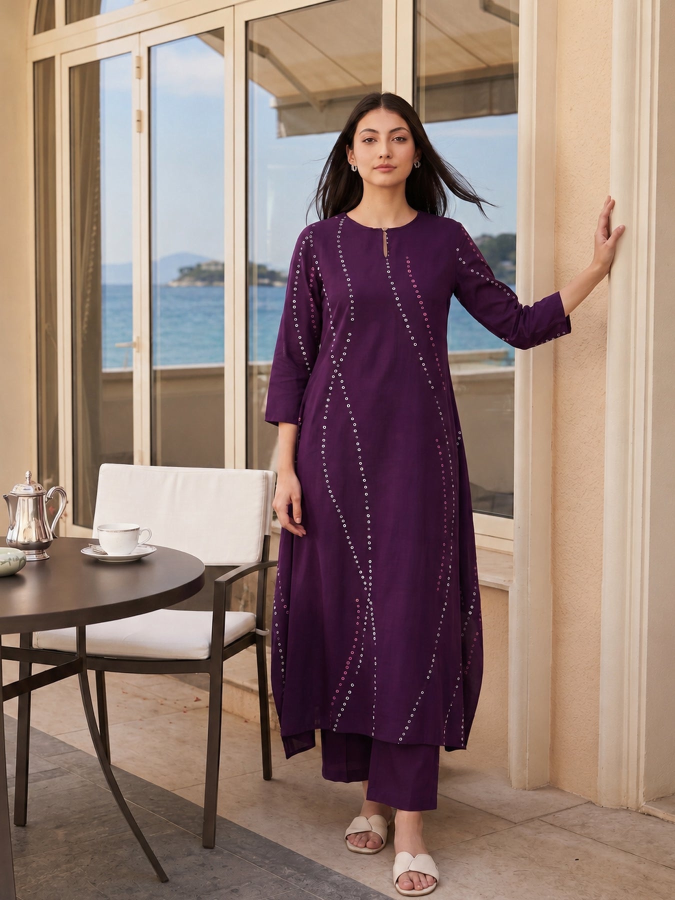 Cotton Bandhani Asymmetric Kurta Set - Purple