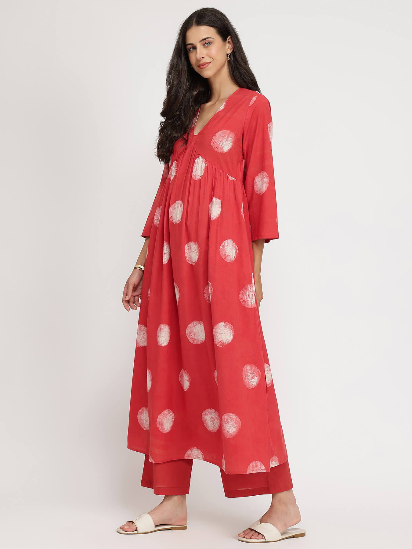 Cotton Dabu Polka Kurta Set - Red