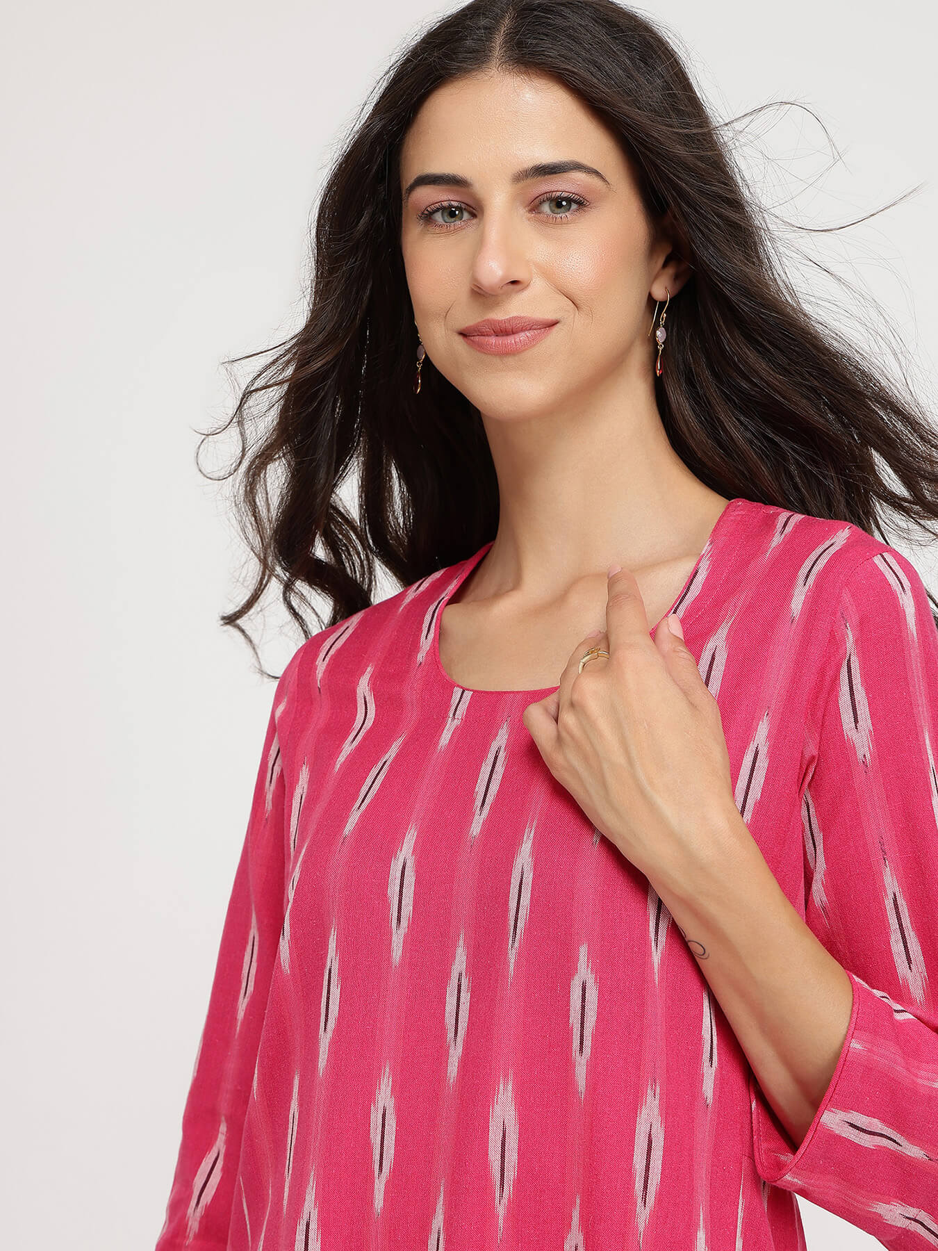 Cotton Ikat A-line Kurta Set - Pink