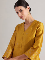 Silk Blend Polka Print A-Line Kurta Set - Mustard