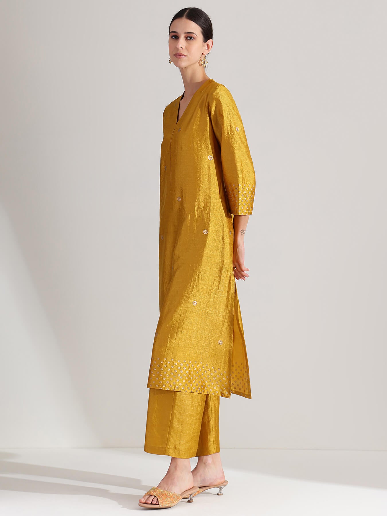 Silk Blend Polka Print A-Line Kurta Set - Mustard