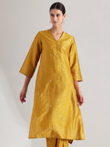 Silk Blend Polka Print A-Line Kurta Set - Mustard