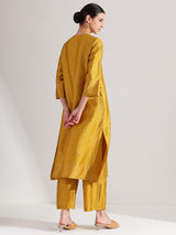 Silk Blend Polka Print A-Line Kurta Set - Mustard